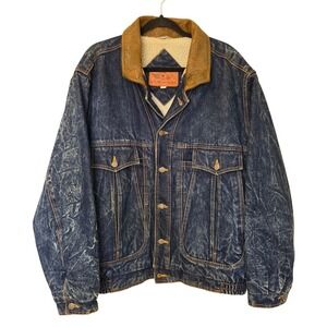American Male Vintage Acid Wash Sherpa Lined Denim Jacket Leather Collar Large